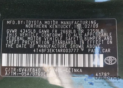 2010 Toyota Camry Le z USA, uszkodzony, nr VIN 4T4BF3EK1AR003777